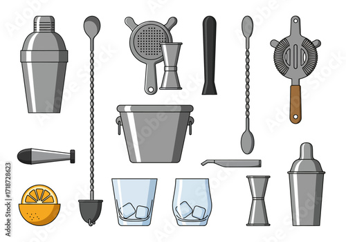 Cocktailmaking tools shaker strainer spoon jigger glasses ice bucket orange slice and muddler arranged on a white background
