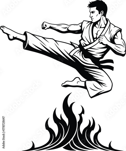 Karate fighter jumping kick martial arts training black and white vector