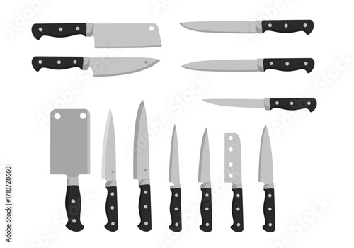 Collection of knives various shapes sizes black handles gray blades displayed against a white background