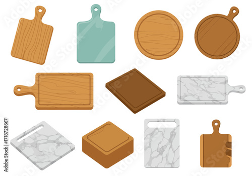 Collection of diverse cutting boards made of wood and marble showcasing various shapes and styles