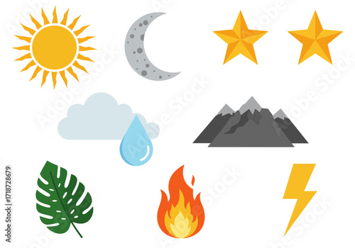 Collection of naturerelated symbols sun moon stars cloud rain mountains leaf fire and lightning bolt icons