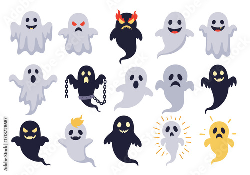 Collection of Halloween ghost cartoons with various expressions and colors