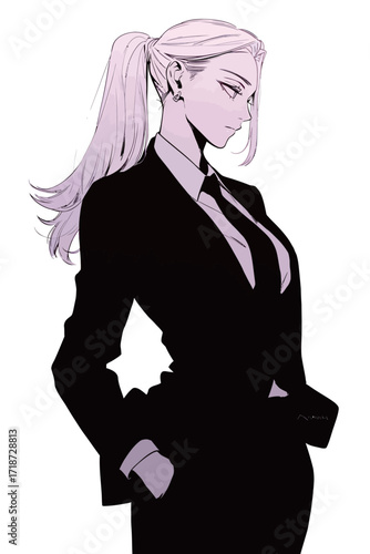 A woman with long hair tied back wears a tailored suit and exudes confidence. She stands still, her hand in her pocket, deep in thought, showcasing strength and elegance.