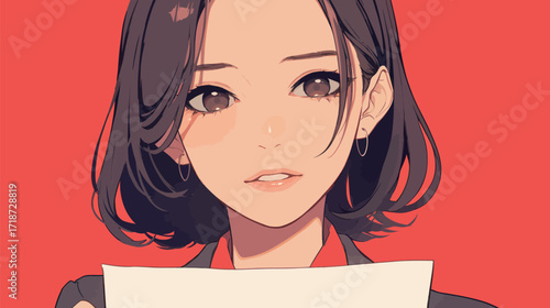 A young woman with shoulder-length dark hair smiles while holding a document. The bright red background adds energy to the scene. She appears confident and engaged.