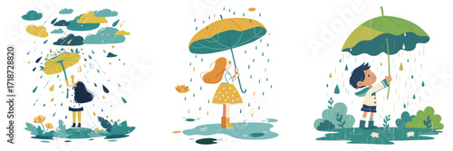 Three children are playing in the rain, holding colorful umbrellas. They splash in puddles, surrounded by lush greenery and cheerful yellow flowers, enjoying a fun day outdoors.