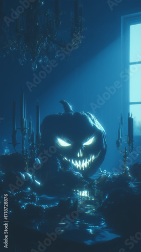 eerie glowing jack-o'-lantern in dimly lit room 