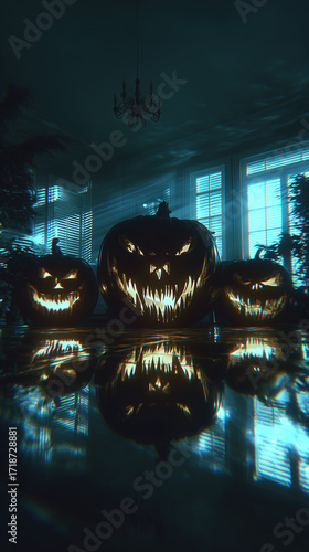 creepy jack-o'-lanterns reflection in dark room 