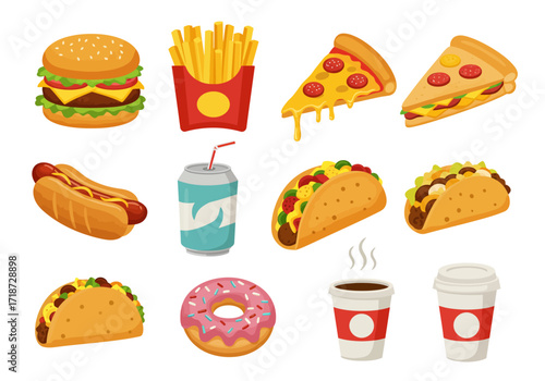 Colorful cartoon fast food icons arranged burger fries pizza hotdog tacos soda donut coffee