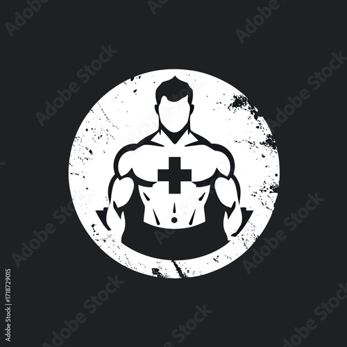 Minimalist vector logo of muscular male torso with medical cross symbol on chest in white distressed circle background for fitness health and gym branding
