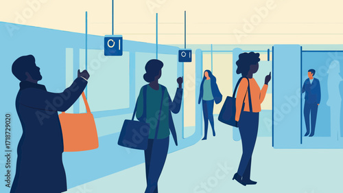 Diverse people waiting subway platform using smartphones in modern station flat minimalist vector illustration urban public transport commuting scene