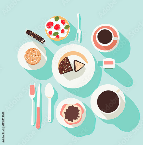 Flat lay breakfast scene with coffee cups, assorted pastries including strawberry tart, sandwich, cookie, and cutlery in minimalist vector style on pastel background