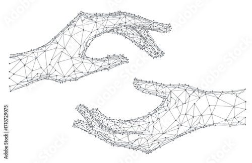 Low poly wireframe digital hands in protection gesture with interconnected dots and lines abstract polygonal mesh design on white background vector illustration