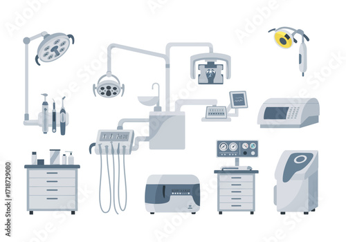 Dental office equipment lamps tools machines cabinet sink xray display monitor