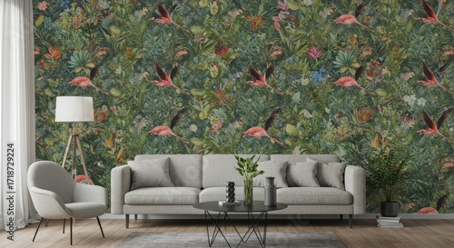 Wallpaper Mural Flamingo Wallpaper Interior Design with Sofa Chair and Lamp. Torontodigital.ca