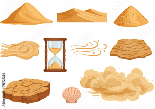 Desert elements sand piles hourglass shell cracked earth wind and sandstorm illustration
