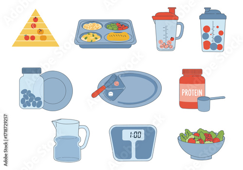 Dietary illustration showing food pyramid meals protein powder water  scale