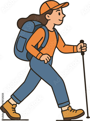 Hiker walking, trekking in nature. Tourists couple, tiny people travelers with backpacks hiking. Travel, adventure, sport orienteering, tourism, route concept. Flat vector illustration