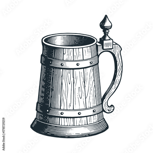 A vintage Wooden tankard. Black white hand drawn vector illustration.
