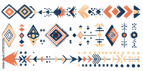 Hand drawn ethnic geometric border pattern with tribal arrows and diamond shapes in blue orange beige minimalist folk art style vector illustration