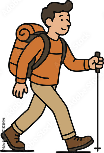 Hiker walking, trekking in nature. Tourists couple, tiny people travelers with backpacks hiking. Travel, adventure, sport orienteering, tourism, route concept. Flat vector illustration
