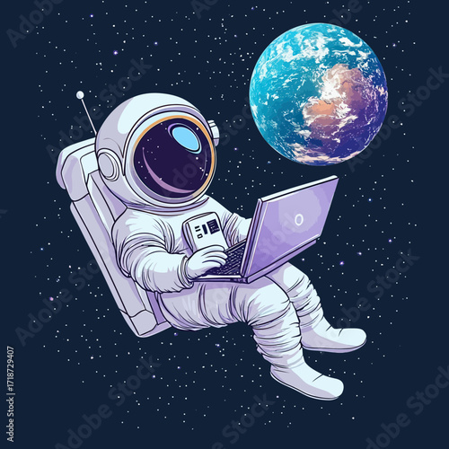 Cute astronaut floating in space using laptop with Earth planet and stars in background flat cartoon vector illustration technology digital remote work concept