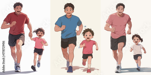 A father and his young child run happily, sharing smiles and laughter. They wear colorful shirts and shorts, embodying joy in a warm and sunny environment.