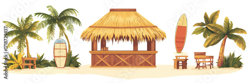 Tropical beach tiki bar with bamboo hut straw roof palm trees surfboards wooden table and chairs summer island vacation vector illustration