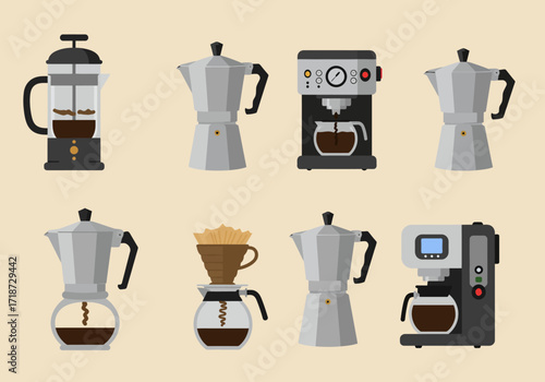 Eight coffee makers shown french press moka pots pourover drip machines
