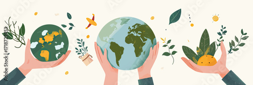 Hands holding planet earth green leaf plant pot and happy orange fruit sustainable environment conservation flat vector illustration
