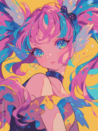 A vivid anime character features pink and blue hair with unique accessories, showcasing large, expressive eyes. The bright yellow background enhances the colorful appearance.