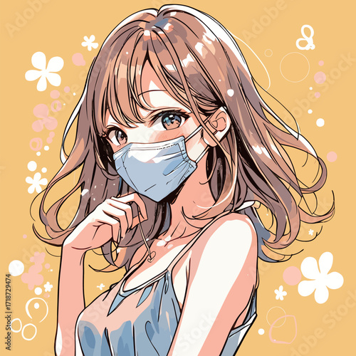 A young woman with long hair and a blue mask poses confidently in a bright, cheerful environment filled with flowers. Her expression is confident and playful.
