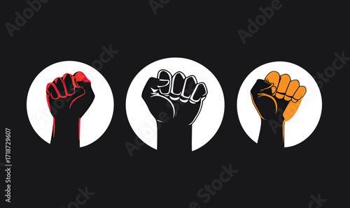 Three clenched fist silhouettes in white circles with red, white, and orange highlights symbolizing power, unity, and resistance on black background vector design