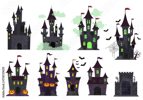 Eight Halloween castles ominous towers glowing windows bats and spooky details