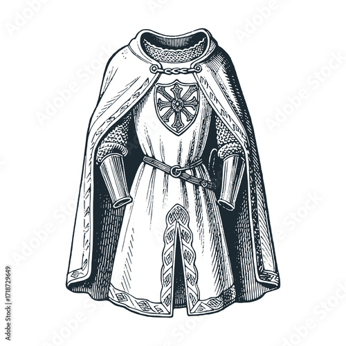 a vintage meieval Surcoat. Over-armor tunic. Black white hand drawn vector illustration.