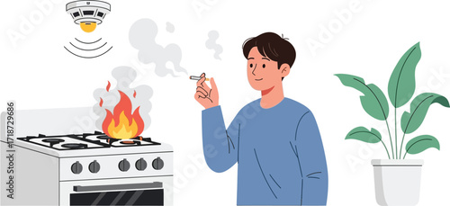 Fire safety smoking indoors kitchen fire smoke detector danger vector