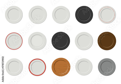 Fifteen plates of varying colors sizes and designs are neatly arranged