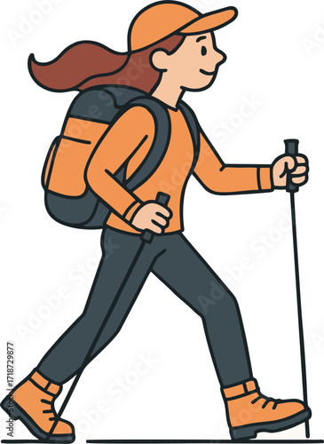 Hiker walking, trekking in nature. Tourists couple, tiny people travelers with backpacks hiking. Travel, adventure, sport orienteering, tourism, route concept. Flat vector illustration