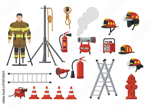 Firefighting equipment figure tripod ropes extinguishers hats ladder and hydrant on a white background