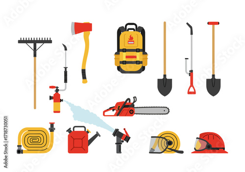 Firefighting tools are depicted including shovels hoses axes helmets and backpack