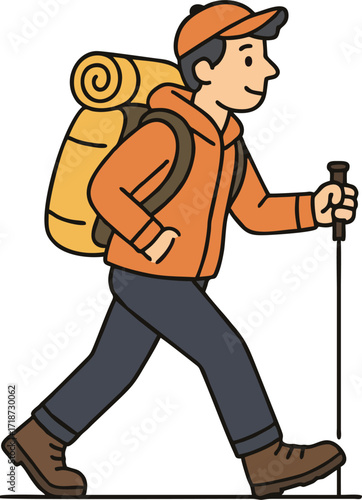 Hiker walking, trekking in nature. Tourists couple, tiny people travelers with backpacks hiking. Travel, adventure, sport orienteering, tourism, route concept. Flat vector illustration