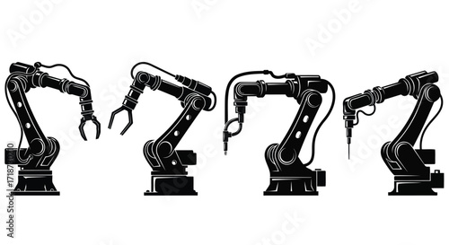 Vector illustration of illustration of set of industrial robotic arms