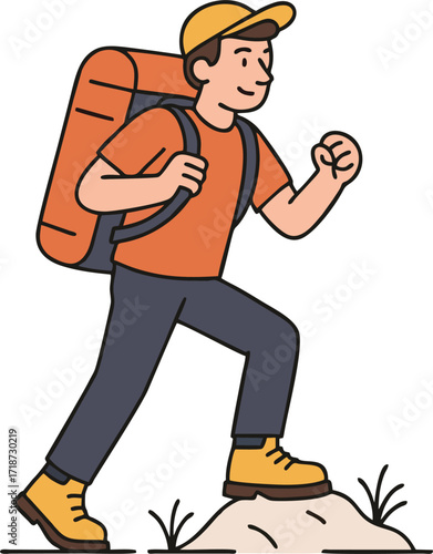 Hiker walking, trekking in nature. Tourists couple, tiny people travelers with backpacks hiking. Travel, adventure, sport orienteering, tourism, route concept. Flat vector illustration
