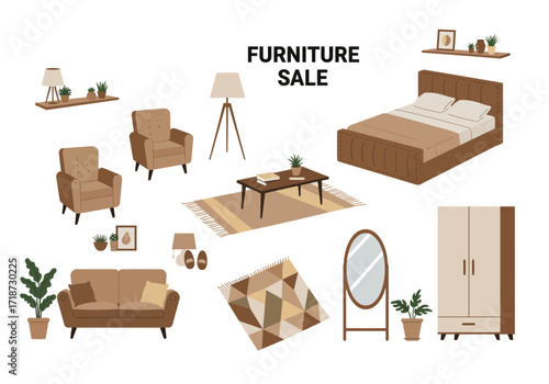 Furniture sale promo  Bed sofa chairs wardrobe rugs plants mirror lamps and decor items