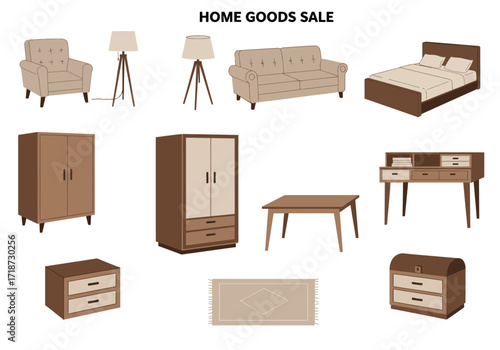 Furniture set for a home goods sale includes seating lamps bed storage desk table rug