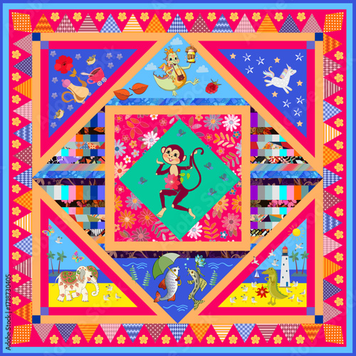 Magic collection of prints. Design for children's scarf, napkin with cute cartoon fish, dino, elephant, crocodile, cheerful dancing monkey and funny teapot. Elegant carpet in patchwork style.
