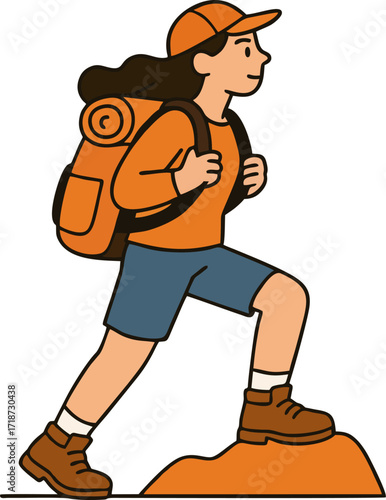 Hiker walking, trekking in nature. Tourists couple, tiny people travelers with backpacks hiking. Travel, adventure, sport orienteering, tourism, route concept. Flat vector illustration