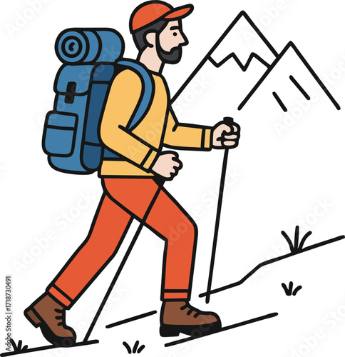 Hiker walking, trekking in nature. Tourists couple, tiny people travelers with backpacks hiking. Travel, adventure, sport orienteering, tourism, route concept. Flat vector illustration