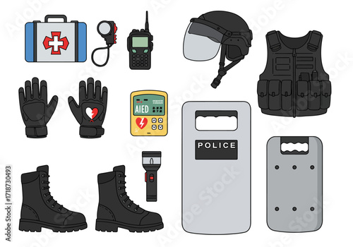 Graphic shows emergency gear vest helmet shield gloves boots  AED