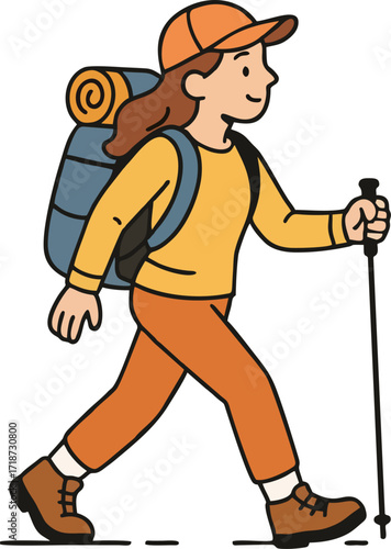 Hiker walking, trekking in nature. Tourists couple, tiny people travelers with backpacks hiking. Travel, adventure, sport orienteering, tourism, route concept. Flat vector illustration