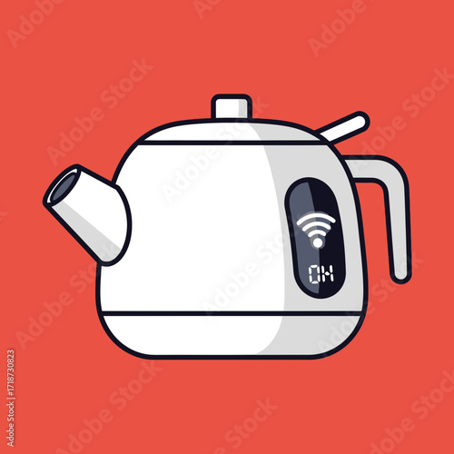 Illustration of a white smart kettle with a digital display and WiFi symbol on a red background.